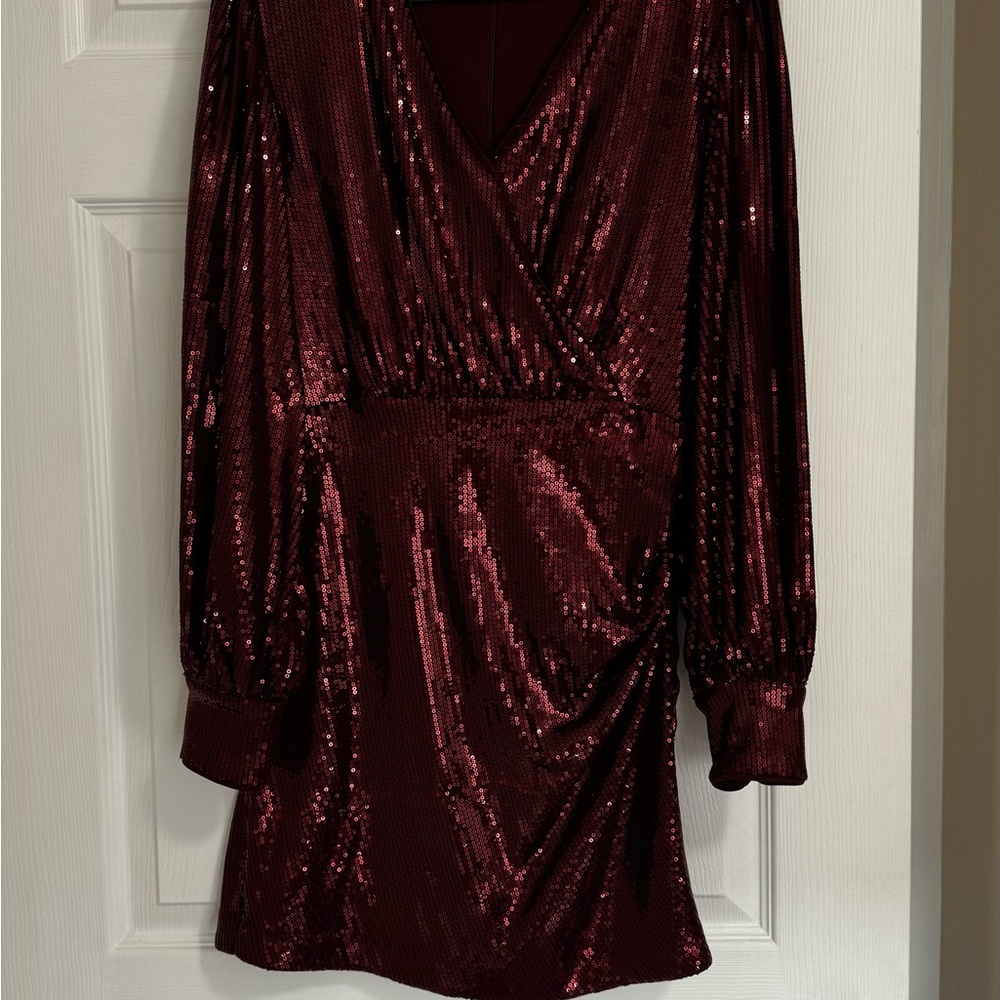Dynamite Red Ruched Wrap Dress with Bishop Sleeves